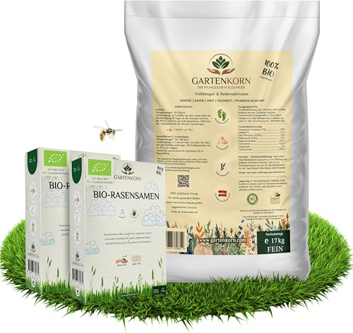 Gartenkorn Bio Rasen Set mit Dünger & Rasensamen für 60m² - Grassamen mit Langzeit Volldünger & Bodenaktivator für Lücken & Rasen Nachsaat, organisch & vegan, unbedenklich für Kinder und Haustiere