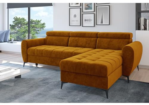 Easy4You Ecksofa Bjorn Velvet L-Form Senf – 252x101x175 cm - Schlafsofa mit Bettkasten und Schlaffunktion - Eckcouch mit Stauraum - Verstellbare Kopfstützen – Stoff Monolith 48