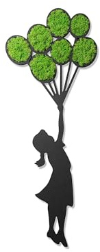 ebenkunst Mädchen mit Ballons Moosbild – Wanddeko mit Islandmoos aus MDF | Schwarz durchgefärbtes MDF, konserviertes Islandmoos, ca. 28 x 74 cm, 7 Moosfarben, Made in Germany