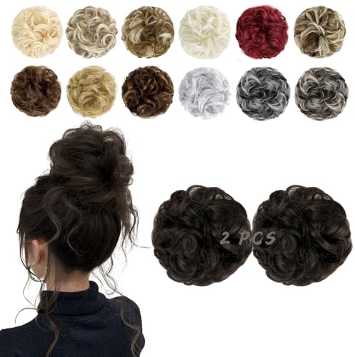 FeidyLong 2 PCS Messy Bun Hair Piece Wavy Curly Hair Bun Scrunchies Extensions Synthetic Chignon Thick Updo Hairpieces for Women Girls(Dark Brown)