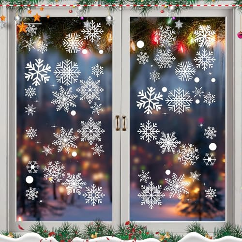 Fensterbilder Weihnachten Schneeflocken Deko Weiß, 152 PCS Kein Kleber Doppelseitige Fenstersticker, Wiederverwendbar Weihnachts Fensteraufkleber Selbstklebend für Fenster, Glas, Tür