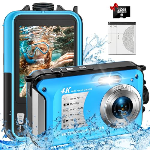 Appareil photo numérique étanche 4K avec carte de 32 Go 3,4 m, appareil photo numérique étanche 56 MP Autofocus 16 x caméras sous-marines compactes pour la plongée avec tuba avec batterie de 1250 mAh