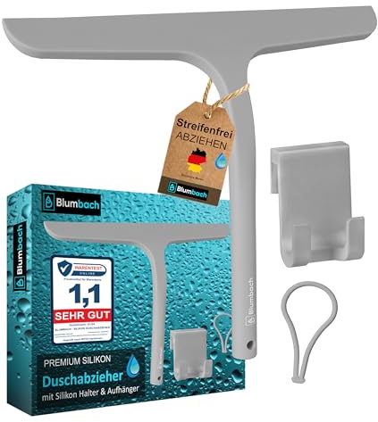 BLUMBACH® Duschkabinenabzieher grau, Duschabzieher mit Halterung 28cm breit | Premium-Silikon-Duschabzieher mit Edelstahlkern, Flitsche für Dusche, Shower Squeegee, Glasabzieher, Wasserabzieher Dusche