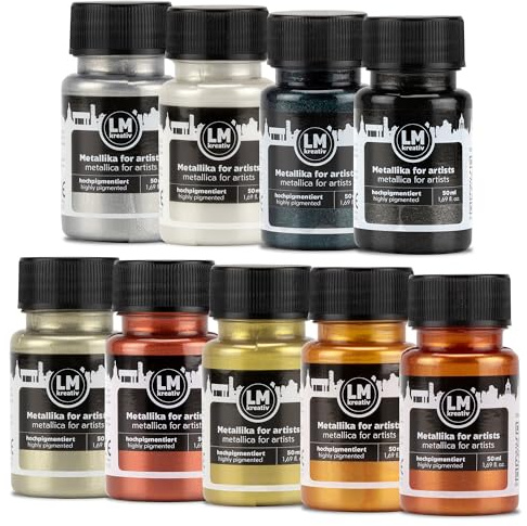 LM-Kreativ Metallika for Artists 9x50ml - Set Opulence - Metallic Acrylfarbe/Bastelfarbe. Für kreative Projekte auf Holz, Leinwand, Keramik. Hochdeckend, lichtecht. Für Künstler und Bastler