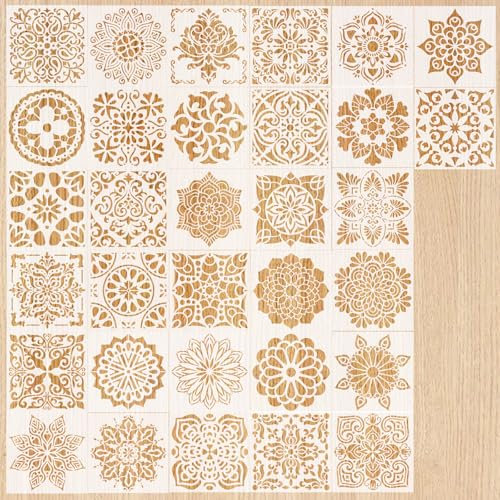 32 Stück Mandala-Schablonen Set, 15 * 15CM Zeichnung Malschablonen DIY Schablonen, Kunststoff Vorlagen für Scrapbooking Holz Boden Möbel Fliesen Leinwand Deko