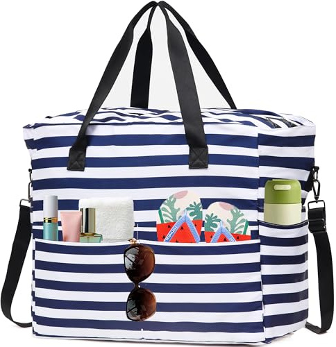 KESUDE Strandtasche xxl Familie Tote Bag mit Reißverschluss Shopper Tasche Damen Groß mit Vielen Fächern Badetasche Beach Bag Reisetasche Handtasche Umhängetasche Saunatasche Strandurlaub für Frauen