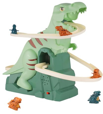 YELKOEYN Climbing Dinosaur Stair Slide Electric Toy - Kids Roller Coaster with Interactive Music Sound Effects and Lights，Educational Dinosaur Track for Children Birthday Gift, Stair Slide Race Track