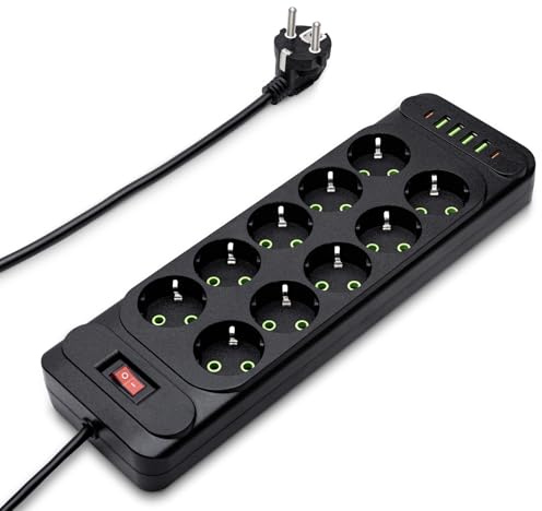 10-Fach Steckdosenleiste mit USB-C, Mehrfachsteckdose Überspannungsschutz mit Schaltbar, Verteilersteckdose Wandmontage Multisteckdose mit 2M Verlängerungskabel, Schwarz