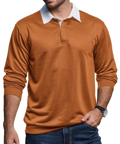 Remxi Mens Long Sleeve Polo Shirt Casual Button Down Sweatshirts for Men Classic Rugby Shirts with Contrast Collar