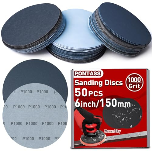Disques de Ponçage 150mm, Grain 1000 Disques Abrasifs Auto-Agrippants, 50 Pièces Papier de Verre Sec à l'Eau Disques Abrasifs Ronds pour Auto, Mastic, Plastique, Vernis, Ponçage Sans Poussière, Métal