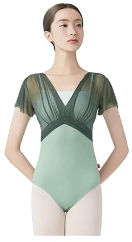 SDIUAKBV Ballettanzug Damen Damen Ballett-Trikots Tanztrikot Nylon Gespleißt Kurzarm Falten Ballett Bodysuit Erwachsene Gefälschte Zweiteilige Gymnastiktrikots(Green,XL 170cm to 175cm)