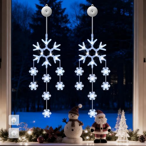 Dankeled Christmas Window Lights, 2pcs LED Snowflake Curtain Fairy Lights with 8 Modes, Christmas String Lights Battery Powered for Indoor Outdoor Window Wedding Xmas Party Decorations (White)
