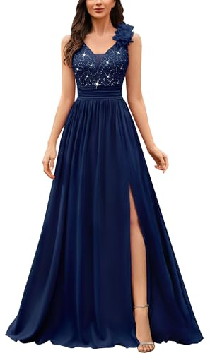 MIUSOL Women's Vintage V-Neck Sleeveless Sequined Lace Split Wedding Formal Evening Maxi Dress