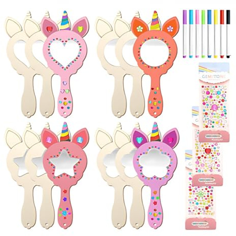 YUZNA 12 Piezas Espejos de Madera con Diseño de Unicornio para Manualidades con Pinceles Acuarelables, Ideal para Cumpleaños Infantiles, de Mano para Niños, Set de Manualidades y Dibujo