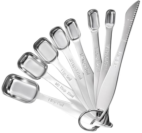 Doosu Metal Measuring Spoons Sets, 18/8 Stainless Steel Kitchen Engraved Measure Scoop Small Measure Teaspoons Tablespoon TSP Tbsp for Serving Baking Cooking Dry and Liquid (Square, Set of 8)