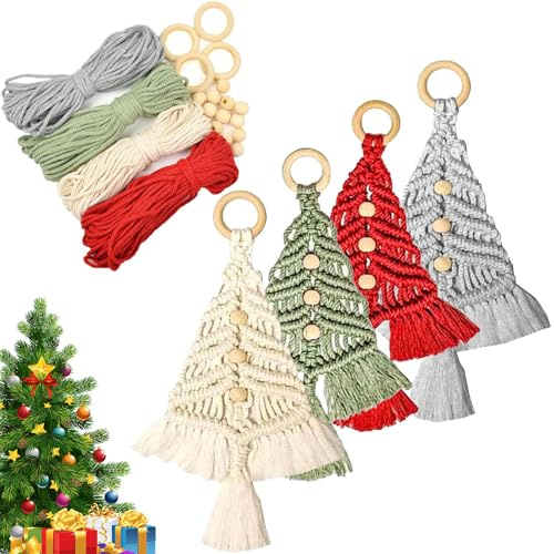 Vibbang Unique Christmas Tree DIY Kit, 4Pcs/Set Woven Macrame Christmas Trees DIY Kit for Beginners, Craft Wall Hangings Ornaments Decor, Boho Macrame Handmade Xmas Tree Home Decoration