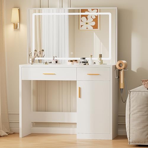 Sweetcrispy Vanity Desk with 35.4 LED Mirror and Lights, Makeup Vanity Table with Charging Station (2AC/USB/C), 2 Drawers & Large Cabinet, 3 Lighting Color Adjustable, Modern Dressing Table, White