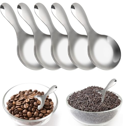 5 cucharas de acero inoxidable con mango corto, pequeñas palas redondas para bidón, plateadas, versátiles, para postres, café, especias, sal, azúcar, té, mermelada
