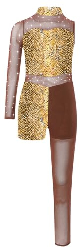 Yruioon Traje Gimnasia Niñas Con Brillo Traje Cuerpo Completo Con Estampado Patchwork Manga Larga Patinaje Artístico Body Sport Mono Piel de serpiente amarilla 15-16 años