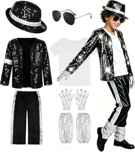 Generico 7 Pcs per Costume Halloween Pop Star - Giacca Nera con Paillettes, Pantaloni, Cappello, Guanti Travestimento Retrò Anni '80/'90 per Spettacoli Scena per Feste Halloween(120 (5-6 years))