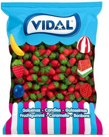 Vidal Golosinas. Mini Fresas Silvestres. Golosina con forma de fresa sabor fresa y color rojo y verde. Bolsa de 1 kg.