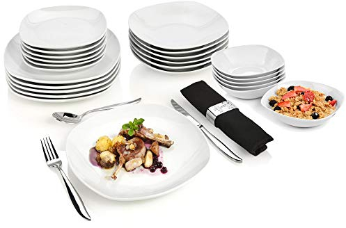 SÄNGER | Tafelservice Bilgola weiß, 24-teiliges Geschirrset aus Porzellan für 6 Personen, Teller Set Eckig, Speiseteller | PREMIUM COLLECTION