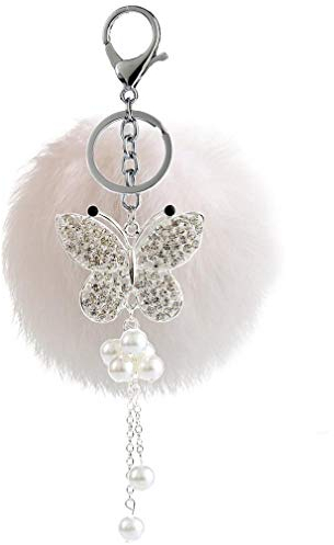 Canarea strass bommel Keychain mit Glitzer Schmetterling Perle Anhänger Schlüsselanhänger plüsch ball Taschenanhänger Elegant Plüsch-Kugel Auto-Anhänger Pompom Schlüsselring Handtasche Dekor (Weiss)