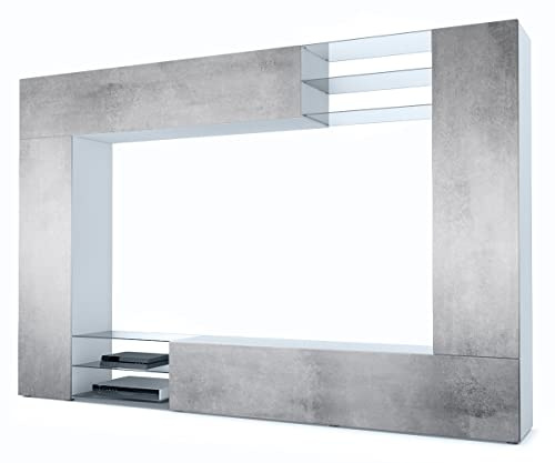 Vladon Wohnwand Mirage, Made in Germany, Anbauwand mit Rückwand mit 2 Türen, 2 Klappen und 6 offenen Glasablagen, Schwarz matt/Beton Oxid-Optik (262 x 183 x 39 cm)