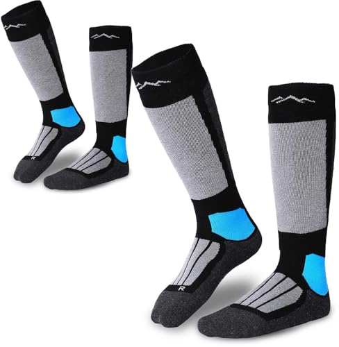 gipfelsport Chaussettes de ski en laine mérinos, hauteur genou – Taille 39–41, Noir, Lot de 2 paires – Homme, Femme, Enfant – chaudes et rembourrées pour ski et snowboard