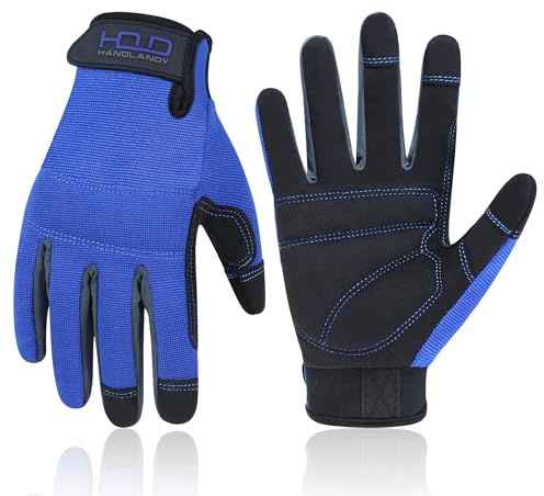 HLDD HANDLANDY Herren Arbeitshandschuhe feste Griffhandschuhe Mechanikerhandschuhe mit Touchscreen, Konstruktion Handschuhe, leichte Sicherheitsarbeitshandschuhe (L, blau)