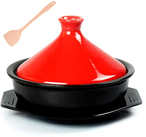 Moroccan Tagine Pot with Tray ＆ Wooden Shovel, 2.5 Quart Slow Cooker Without Lead Cooking Healthy Food, for Different Cooking Styles and Temperature Settings