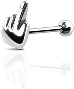 BlackAmazement 316L Edelstahl Zungenpiercing Barbell gestreckter Mittelfinger gehobener Finger Silber Biker Punk Damen Herren