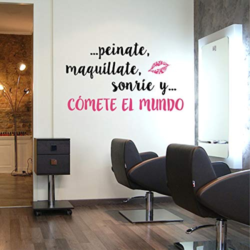 La Tienda de las Pegatinas® Vinilo Peluquería Cómete el Mundo, Estética, Peluquera, Esteticién, Sticker, Pegatina de pared, Decoración Peluquería. (Pequeño 70 x 40 cm, Negro - Magenta)
