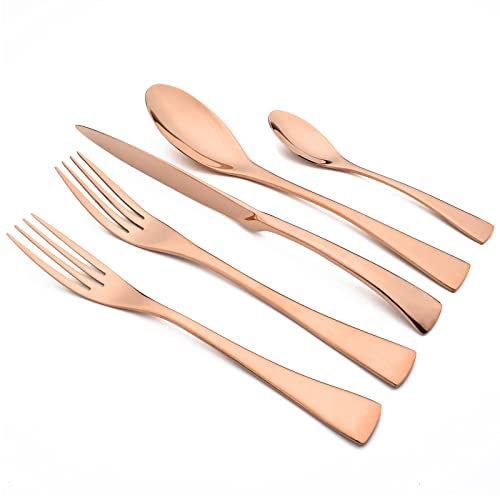 Snplowum Copper Tableware 20Pcs Mirror Polished 18/10 Stainless Steel Luxury Flatware - Heavy Cutlery Set Service For 4 Include Knives/Forks/Spoons/Salad Fork/Teaspoon, Dishwasher Safe