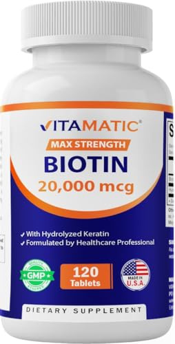 Vitamatic High Potency Biotin 20000 mcg (20mg) with Keratin 100mg - 120 Vegetarian Tablets - Biotin Supplements for Healthy Hair Skin & Nails for Adults (120 Count (Pack of 1))