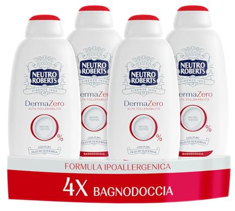 Neutro Roberts Bagnoschiuma Corpo Dermazero Ipoallergenico, Ottimo per Pelli Delicate e Sensibili, Privo di Sapone e Coloranti, Adatto a Uso Quotidiano e per l'Igiene dei Bambini, 4 Flaconi da 600 ml