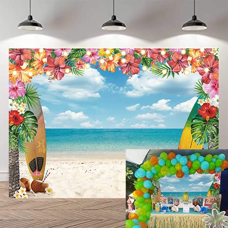 Été Hawaii Plage fête Toile de Fond Aloha fête Photo Fond Fleurs Tropicales Palmiers Bleu Ciel océan décor bannière bébé Douche Fournitures (2,1 x 1,5 m)
