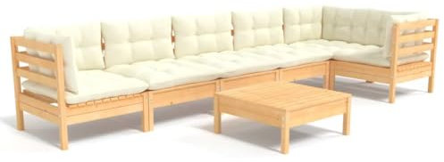 vidaXL Kiefernholz Gartenmöbel 7-TLG. mit Creme Kissen Ecksofa Mittelsofa Fußhocker Tisch Sitzgruppe Sofa Lounge Garten Garnitur Gartensofa Gartenset