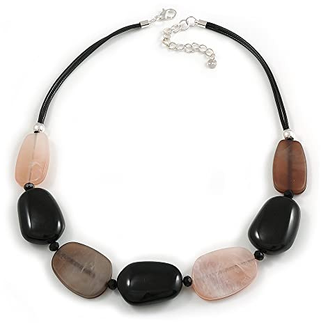 Avalaya Grey/Black/Beige Oval Acrylic/Resin Bead Black Cords Chunky Necklace - 64cm L/ 8cm Ext