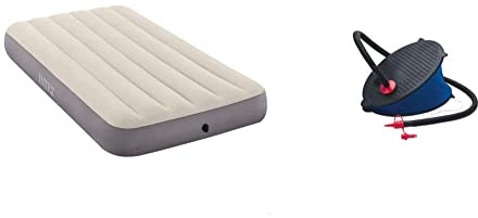Intex Twin Dura-Beam Series Single High Luftbett, Taupe/Grey, 99 x 191 x 25 cm & Luftpumpe Fußpumpe Bellows, Mehrfarbig, 28 cm