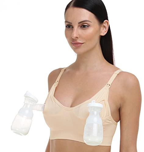 GXXGE Nursing Bra Support Pumping Bra Hands Free All in One Maternity Bra Comfortable Breast No Pad Pumps Bra Nude Large