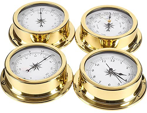 VIGOIR Barometer Traditional Barometer 4Pcs Weather Station Set, 5.7in Portable Marine Wall Hanging Barometer Thermometer Hygrometer Clock Meter Kit, Brass ​Case Boat Accessory