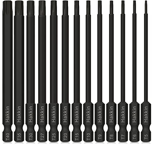 Torx Bit Set Hakkin 13Pcs 100mm Long Torx Bits S2 Steel Torx Screwdriver Sets Tamper Proof Security torx Bits 1/4” Hex Shank Magnetic T5-T40 Phosphate Treatment