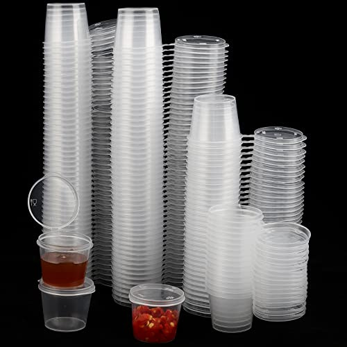 ZEONHEI 200 PCS 1oz Clear Round Hinged Pots, Sauce Pots with Lids, Plastic Mini Pot for Sauces Takeaway Sauce Tubs for Ketchup Dips Crafts Restaurants Packaging