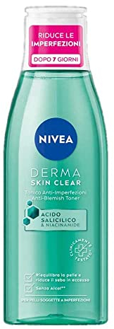 NIVEA Derma Skin Clear Tonico Anti-Imperfezioni 200 ml, Tonico viso pelle grassa e mista con Acido Salicilico, Sale Marino e Niacinamide, Tonico viso riequilibrante per la cura della pelle