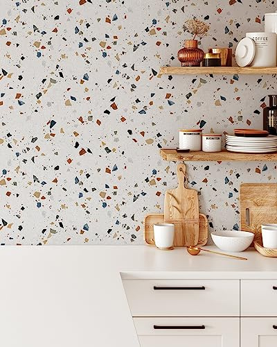 Coloritto Boho Multicolor Terrazzo Peel n Stick Wallpaper | Removable Modern Mural | Concrete Rock Self Adhesive Wallpaper (Sample 12 W x 8 H)
