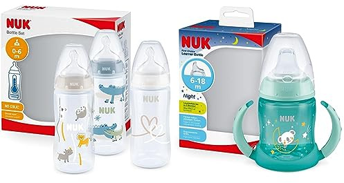 NUK First Choice+ Babyflasche im Set | 0–6 Monate & First Choice Trinklernflasche mit Leuchteffekt | 6-18 Monate
