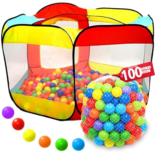 Kids Play Tent with 100 Balls – Extra Large 56″x50″ Pop-Up Ball Pit – Indoor/Outdoor Playhouse with Mesh Windows & Carry Bag
