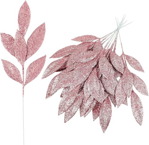 VEYLIN Glitzerndes Lorbeerblatt, künstliche rosa Weihnachtsbaumspieße, Sprays für Weihnachtsbaum, Kranz, Blumenhochzeit, Blumenstrauß, Tischdekoration, 12 Stück (Rosa)