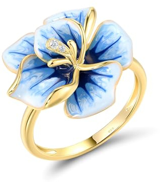 Santuzza Anello da donna in argento Sterling 925 smaltato con fiore e zirconi bianchi, Pietra preziosa smaltata, Zirconia cubica